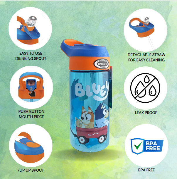 Bluey Kids Leak Proof Water Bottle with Push Button Lid and Spout